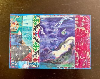 CHAGALL SEAS, Original Hand-Painted, Hand-Collaged Collectble Art Cigar Box, Ocean, Gift, Hand Made, medium box, mermaid, love, travel, sea