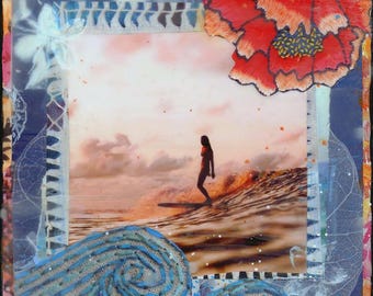 GLASSED, SUNSET GLIDE, 4x4 y superiores, Más vendido, Pintado a mano, Obra de arte con vidrio aplicado a mano, panel de madera, océano, arte de pared, regalo