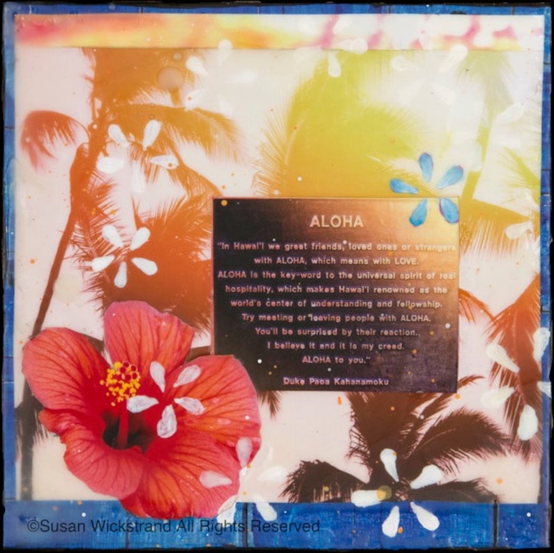 Hawaii Hibiscus wood panel surf art 4x4 and Up ALOHA Hawaiian Art,Wickstrand Hand Painted re-collaged artwork Diamond Head GLASSED
