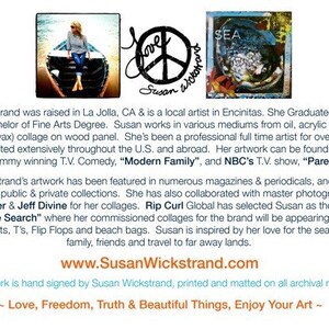 May include: A colorful painting of a peace sign with the words "Love, Freedom, Truth & Beautiful Things, Enjoy Your Art" written around it. The artist's name, "Susan Wickstrand", is written below the peace sign.