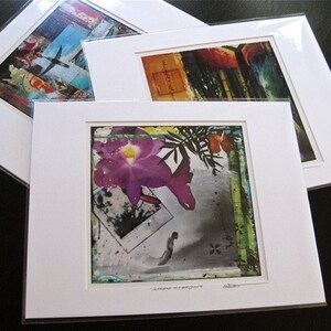 May include: Three white matted prints with different images. The top print features a colorful abstract design with a bird in flight. The middle print features a close-up of a purple orchid with green leaves. The bottom print features a colorful abstract design with a red and yellow color scheme.