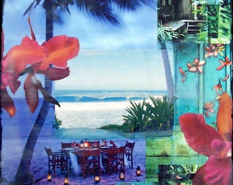 GLASSED, Come Away With Me, 4x4 and Up, re-collaged, hand-painted and glassed on wood panel, orchids, tropical, custom made