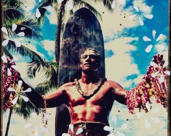 DUKE, Giclee, 8x8 y arriba, Waikiki, Hawái, Orquídeas, Aloha, Duke Paoa Kahanamoku, Oahu, Leis, Azul, Arte de pared, Arte de surf, Tabla de surf, Palmas