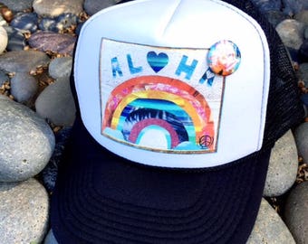 Trucker Hat, ALOHA RAINBOW, Best Seller, Aloha,Beach, Surf, Hawaii, One Size Fits All, foam trucker hat, Corona Hair Don't Care, CV Hair