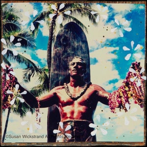 GLASSED, DUKE, 4x4 and Up, Hand Painted, Hand-Glassed artwork, wood panel, ocean, surfing, Hawaii, Aloha, wall art, gift