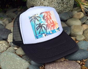 Trucker Hat, Rainbow Palms, BEST SELLER, Hawaii, Beach, Surf, Summer, Fun, One Size Fits All, hats, Surf, Beach Life, Corona Hair