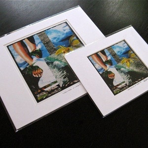 May include: Two framed collage art prints with a mixed media design featuring a person's legs and feet, green leaves, blue and white water, and yellow flowers. The text "Growing in Light" is visible on the smaller print.