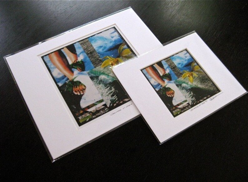 May include: Two framed collage art prints with a mixed media design featuring a person's legs and feet, green leaves, blue and white water, and yellow flowers. The text "Growing in Light" is visible on the smaller print.
