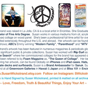 May include: A collage of artwork by Susan Wickstrand, a local artist in Encinitas, California. The artwork features a peace sign with the words "Love Susan Wickstrand" and a palm tree with the word "Aloha". The artwork is available as prints, phone cases, and other products. The text "www.SusanWickstrand.etsy.com Follow on Instagram: SWickstrand" is also included in the image.
