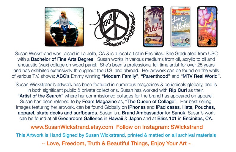 May include: A collage of artwork by Susan Wickstrand, a local artist in Encinitas, California. The artwork features a peace sign with the words "Love Susan Wickstrand" and a palm tree with the word "Aloha". The artwork is available as prints, phone cases, and other products. The text "www.SusanWickstrand.etsy.com Follow on Instagram: SWickstrand" is also included in the image.