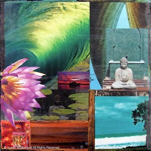 May include: A collage of images featuring a pink water lily, a green wave, a sunset scene, a meditating Buddha statue, and a beach scene with blue water and a tree.