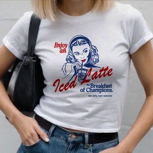 Retro Y2K Coffee Lover Baby Tee | Iced Latte, 60s Retro ad, coffee lover, vintage aesthetic, 2000s t-shirt, women fitted tee, 90s baby tee
