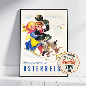Hi-Res Print - A4, A3...20x30 inch... Mountain Winter, Winterfreuden in Österreich, Austria Luge Ski, 1952, Vintage Winter Sports Poster