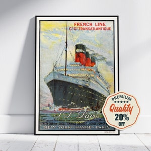 Impresión de alta resolución - A4, A3... 20x30 pulgadas... Línea francesa Transatlantique, París, Transatlántico, Nueva York, Havre, Cartel del barco de viaje