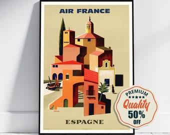 Hi-Res Print - A4, A3...20x30 inch... Air France, Espagne - Vintage Airline Advertising Travel Poster