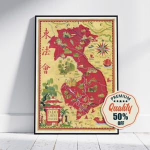 Póster de bellas artes vintage, tamaño A4, A1, 20 x 30 pulgadas, Indochine Francaise, Lucien Boucher, 1946. Impresión de mapa antiguo