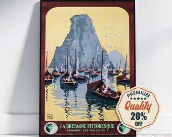 May include: A vintage travel poster advertising a trip to Camaret-Les Tas De Pois in Brittany, France. The poster features a colorful illustration of a rocky coastline with boats in the water and a yellow sky.