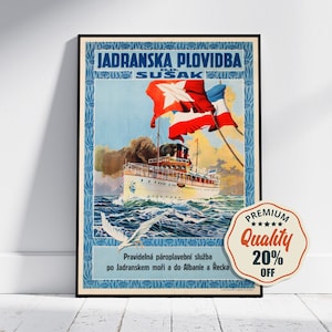 Impresión de alta resolución - A4, A3... 18x27 pulgadas... Jadranska Plovidba, Sušak, Jugoslavia, Cartel del barco de viaje