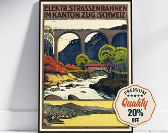 May include: Vintage travel poster advertising the electric streetcar system in the Canton of Zug, Switzerland. The poster features a colorful illustration of a river flowing through a valley with a stone bridge and a small village in the background. The text on the poster reads "Elektr. Strassenbahnen im Kanton Zug (Schweiz)".