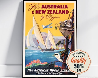Vintage Fine Art Poster - A4, A1...20x30 inch... Pan American - Australia New Zealand - Vintage Airline Print