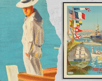 May include: A vintage travel poster advertising the Port de  Toulon, France. The poster features a colorful illustration of a harbor with ships, flags, and palm trees. The text "Port de Toulon" is prominently displayed at the bottom of the poster.