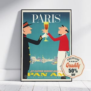 Stampa ad alta risoluzione - A4, A3...20 x 30 pollici... Pan Am - Vola a Parigi - Manifesto aereo d'epoca