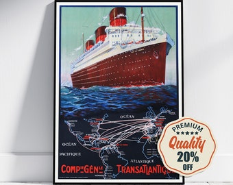 Impresión de alta resolución - A4, A3... 20 x 30 pulgadas... Sebille Albert Compagnie Generale Transatlantique Paquebot Ile De France - Cartel del barco de viaje