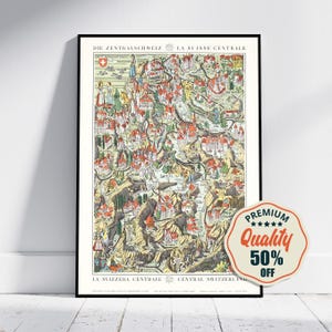 May include: A vintage map of Central Switzerland, featuring a colorful illustration of the region's towns and cities. The map is framed in black and includes the text "Die Zentralschweiz", "La Suisse Centrale", "La Svizzera Centrale", and "Central Switzerland".
