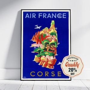 Vintage Fine Art Poster - A4, A1...20x30 inch... Air France, Corse, France - Vintage Airline Advertising Travel Print