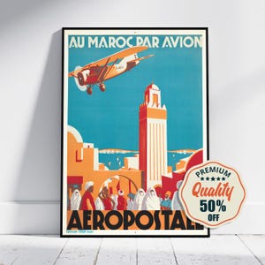 Vintage Fine Art Poster - A4, A1...20x30 inch... Aéropostale, Au Maroc Par Avion - Vintage Airline Print