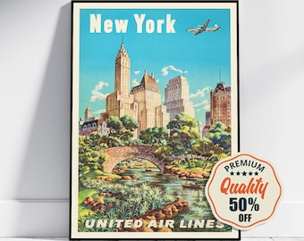 Póster de bellas artes vintage - A4, A1... 20 x 30 pulgadas... Nueva York - United Airlines - Impresión de viaje en avión vintage