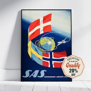 Hi-Res Print - A4, A3...20x30 inch... SAS, Scandinavian Carriers System, Olle Swensson, 1950 - Vintage Reiseplakat