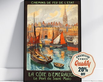 Druk Hi-Res-A4, A3...20 x 30 cali... Chemins De Fer De L'État, La Côte D'Émeraude, Le Port De Saint-Malo, plakat podróżniczy