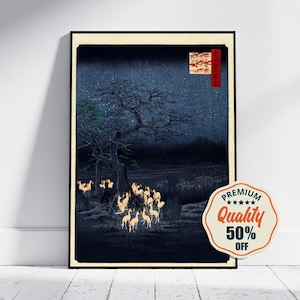 Vintage konstaffisch - A4, A3... 20 x 30 tum... Nyårsafton med räveldar vid det föränderliga trädet, Oji, 1857, av Ando Hiroshige, Ukiyo-e-tryck