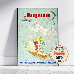 Póster de bellas artes vintage - A4, A1... 20 x 30 pulgadas... Viajes en avión de la aerolínea escandinava SAS de Japón Montaña Fuji en flor, 1953 - Impresión de aerolínea vintage