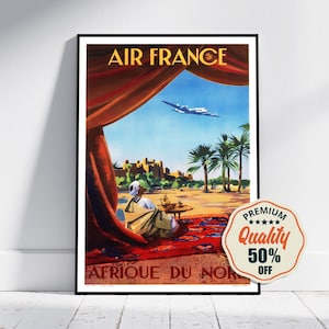 Poster vintage d'arte - A4, A1... 20 x 30 pollici... Air France, Afrique Du Nord - Stampa di viaggio pubblicitaria di una compagnia aerea vintage