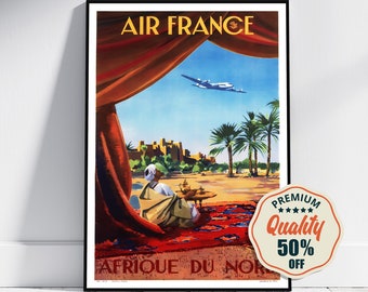 Vintage Fine Art Poster - A4, A1...20x30 inch... Air France, Afrique Du Nord - Vintage Airline Advertising Travel Print