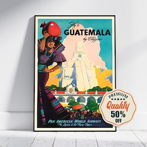 Póster de bellas artes vintage - A4, A1... 20 x 30 pulgadas... Pan Am, Pan American World Airways, Vuela a Guatemala - Impresión de aerolínea vintage