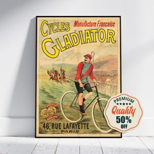 Impresión de alta resolución - A4, A3... 20 x 30 pulgadas... Cycles Gladiator, manufactura francesa, 46 rue Lafayette, 1900 - Cartel publicitario de ciclismo antiguo