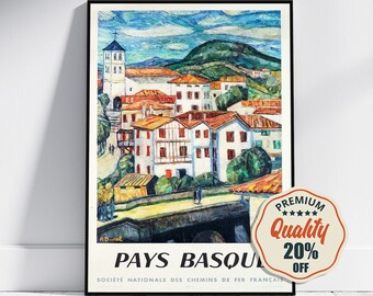 Hi-Res Print - A4, A3...20x30 inch... Pyrenees Basque country, Société Nationale des Chemins de Fer Français, 1959 - Vintage Travel Poster