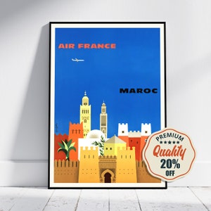 Hi-Res Print - A4, A3...20 x 30 inch... Air France Maroc - Vintage Werbefluglinienplakat