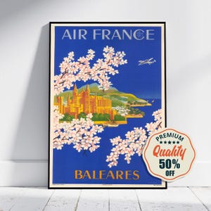 Impresión de alta resolución: A4, A3... 20 x 30 pulgadas... Air France, Balearies, Lucien Boucher, 1949 - Cartel publicitario de viajes de aerolíneas antiguas