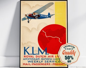 Vintage Fine Art Poster - A4, A1...20x30 inch... K.L.M. Royal Dutch Air Line, Visit Amsterdam-Batavia - Vintage Airline Advertising Print