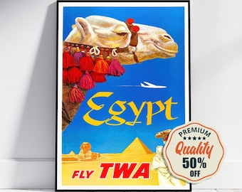 May include: A vintage travel poster for Egypt, depicting a camel with decorative tassels, the word "Egypt" in yellow, and the text "Fly TWA." The poster has a blue background with a pyramid and a plane.