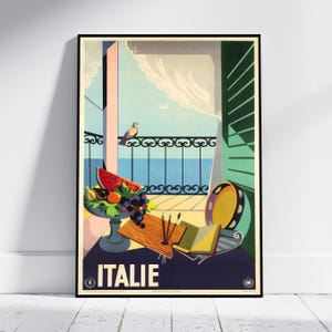 May include: A vintage travel poster for Italy featuring a colorful still life of fruit, a tambourine, and an artist's palette on a balcony overlooking the sea. The poster is titled "ITALIE" in bold, blue letters.
