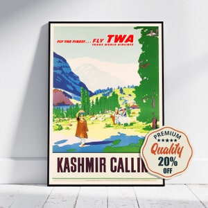 Hi-Res Print - A4, A3...20x30 inch... Fly TWA, Visit Kashmir, Northern India, American Trans World Airlines, 1949 - Vintage Airline Poster