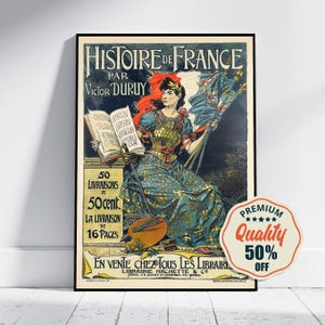 Póster de bellas artes vintage, tamaño A4, A1, 20 x 30 pulgadas... Histoire De France, 1895, Historia de Francia. Por Victor Duruy, de Eugene Grasset, Impresión de viaje