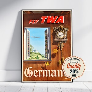 Hi-Res Print - A4, A3...20x30 inch... Fly TWA, American Trans World Airlines, Germany, William Ward Beecher, 1952  - Vintage Airline Poster