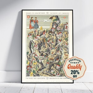 Vintage Fine Art Poster - A4, A1...20 x 30 inch... Vacances aux Graubünden, Engadin St.Moritz Puntaresina Otto M. MÜLLER, 1939 - Map Print