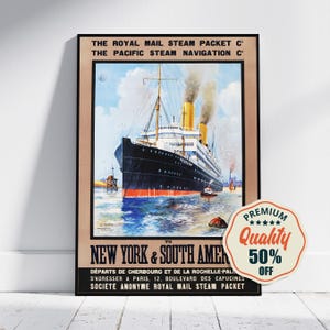 Impresión de alta resolución: A4, A3... 20 x 30 pulgadas... El Pacífico, Royal Navigation, Nueva York y Sudamérica, póster de viaje en barco
